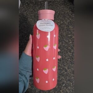 Aqua Pink Strawberry Design Glass Bottle